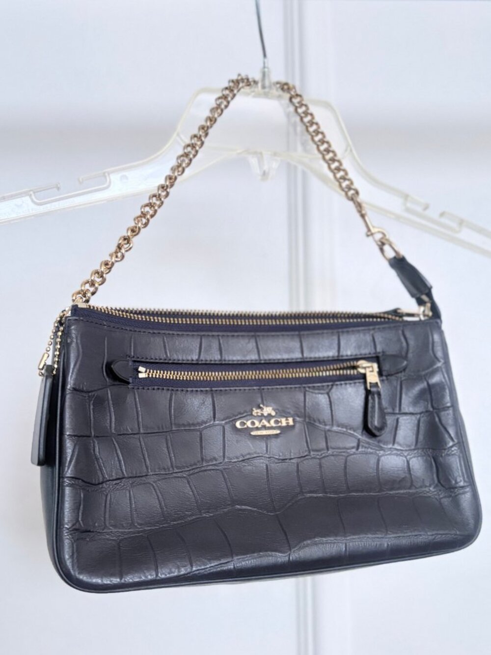 Coach Black Croc-Embossed Leather Chain Bag